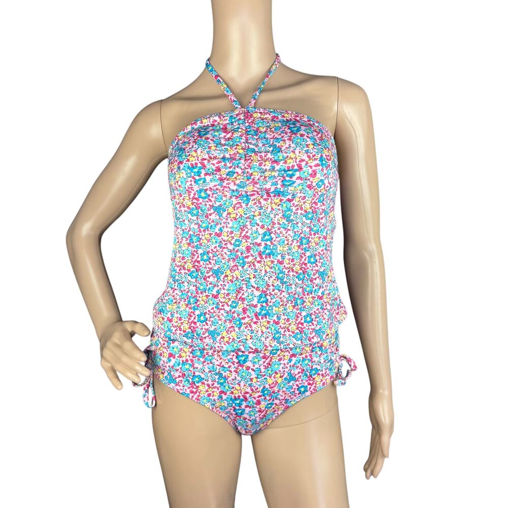 New Swimmart Blue Pink Floral 2 Piece Set Halter Tankini Bikini Swimsuit Size M